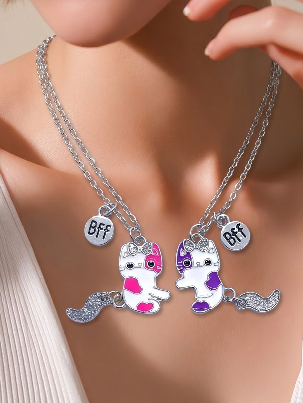 BFF Best Friends Necklace 2pc Set Pink Purple Cat Pendant Jewelry Bestie Gift 🎁